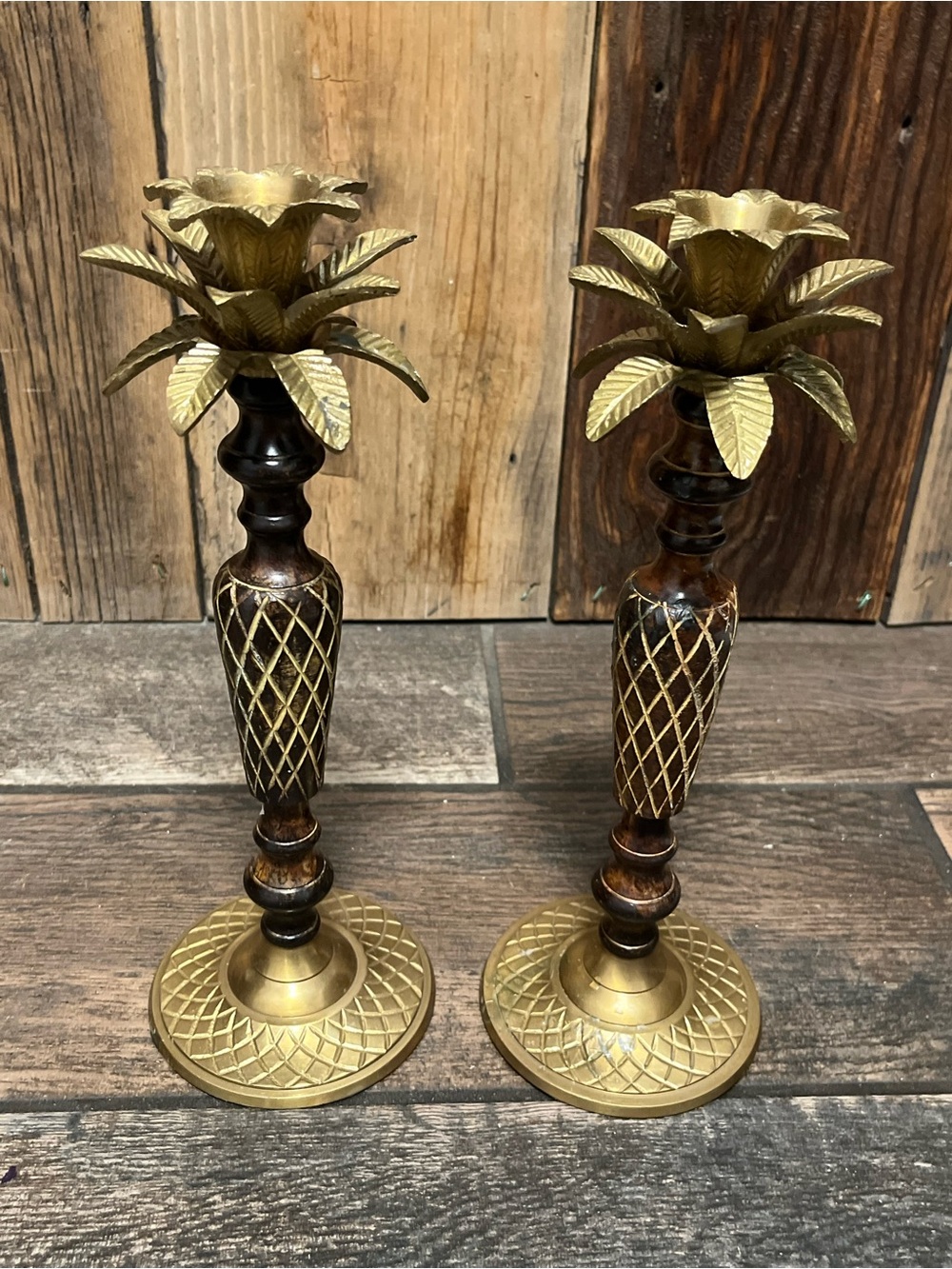 Brass and Wood Floral Candlestick Pair - Bronze Finish